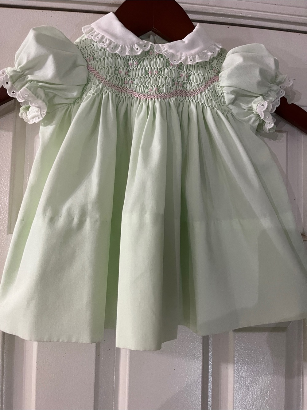 Polly Flinders Smocked Dress Mint Green Vintage 1970s Sz 12 Months Hand Smocked
